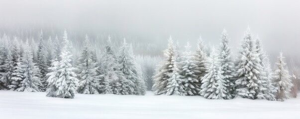 Obraz premium Serene Winter Wonderland with Snow Covered Pine Trees and Mist