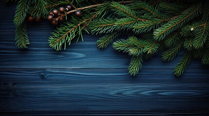 Spruce branches on a indigo wood background