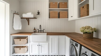 Fototapeta premium A bright farmhouse laundry room with white cabinets