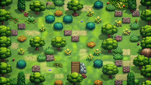 Top-down view of intricate grass sprites in an RPG game setting, grass, RPG, top-down, intricate, sprites, game, nature, green