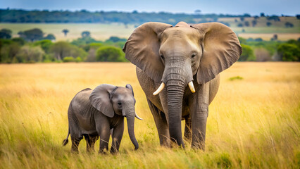 Fototapeta premium African bush elephant mother with calf in Maasai Mara National Reserve, Kenya, Africa, elephant, wildlife, nature, Maasai Mara, Kenya