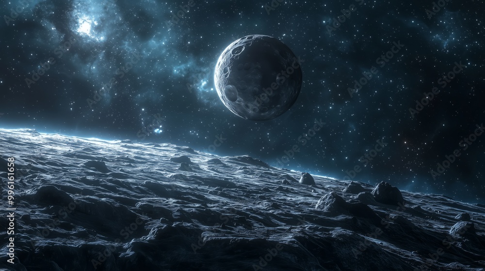 Poster minimalist asteroid passing by a planet in space