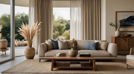 a minimalist Mediterranean-style interior with a neutral color palette. The layout features a spacious room with arched doorways and a high ceiling.