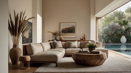 a minimalist Mediterranean-style interior with a neutral color palette. The layout features a spacious room with arched doorways and a high ceiling.