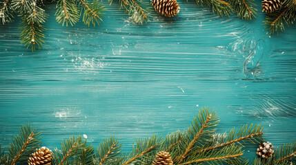 Spruce branches on a aqua wood background