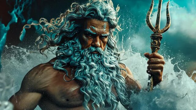 Poseidon, the Greek god of the sea, stands amidst swirling waves, wielding his mighty trident