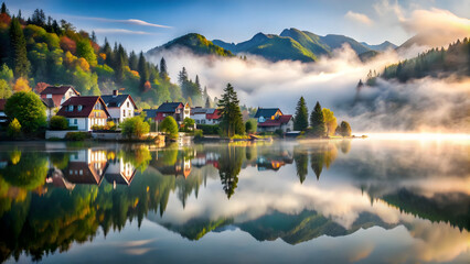 Fototapeta premium Tranquil mountain lake on a foggy morning, with serene reflections and houses on the shore, lake, mountain, fog, morning