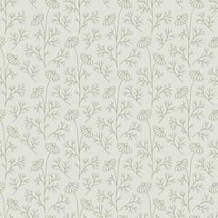 Pastel Green Chamomile floral background. Seamless vector pattern for design and fashion prints. Flowers pattern with small flowers on a light green background. Ditsy style. 