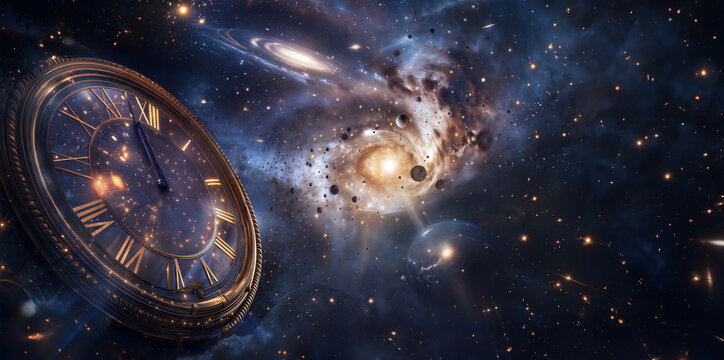 Cosmic clock in space surreal scene of time and universe