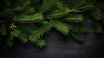 Spruce branches on a dark green wood background