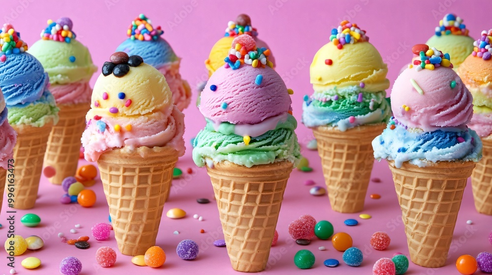 Sticker Colorful ice cream cones with sprinkles and candies on a pink background.