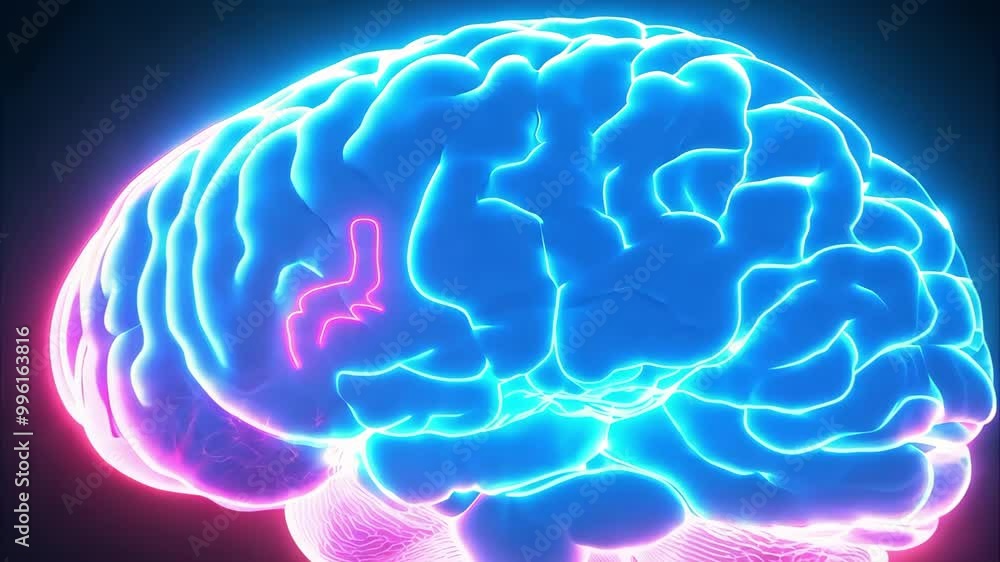 Poster a glowing, brightly colored representation of a human brain, emphasizing its intricate structure and