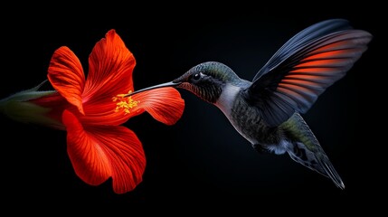 Naklejka premium Hummingbird's Embrace: A vibrant ruby hibiscus flower and a hummingbird in mid-flight, captured in exquisite detail against a dramatic black background. The image exudes natural beauty and grace.