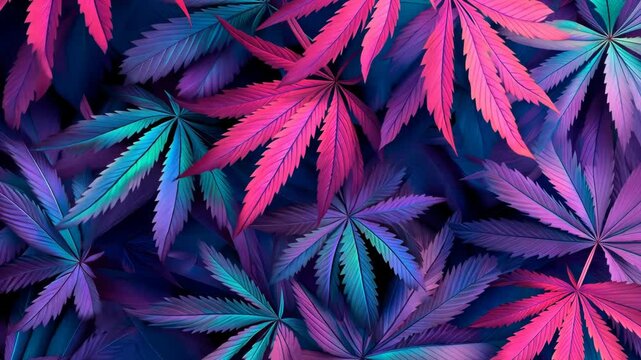 Pink and blue leaves create a vibrant pattern in this close-up photograph