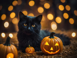 A black cat with pumpkin on a bokeh background
