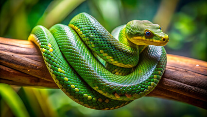 Fototapeta premium Green snake with yellow stripes coiled around a branch on background, snake, reptile, wildlife, nature, green, yellow