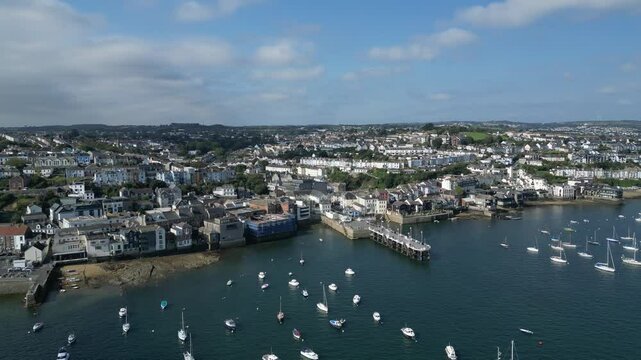 Falmouth, Cornwall, England: DRONE VIEWS: Falmouth town, St Mawes ferry quay and yachts moored on the River Fal. Falmouth is a port town and popular UK holiday destination (2).