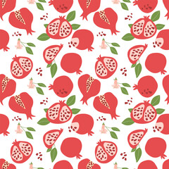 Hand drawn abstract pomegranate pattern with plant parts and sliced food. Seamless pattern for textile, wrapping paper, posters. Fashion textures.