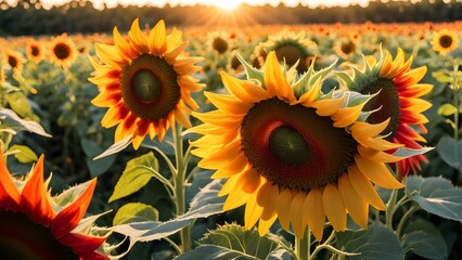 A field of sunflowers bathed in the warm glow of the setting sun.