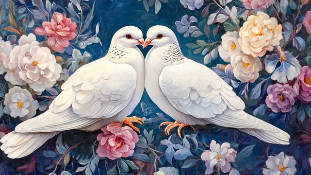 Two white doves are nestled in a bed of colorful flowers, their beaks touching in a gentle gesture of affection