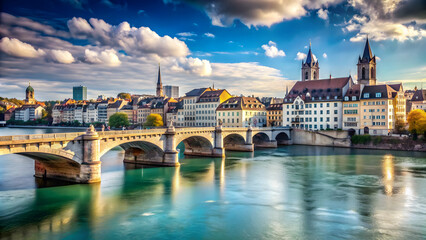 Obraz premium Bridge over Rhein river with Basel cityscape in background, bridge, Rhein river, Basel city, skyline, architecture