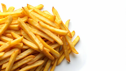 Golden French fries on a white background, crispy, meal, fast food, potato, delicious, snack, fried, unhealthy, appetizer