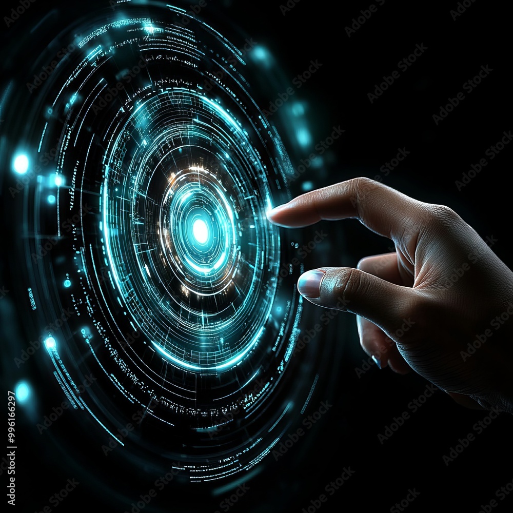 Poster cybersecurity specialist navigating futuristic interface, data protection and enhanced security