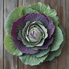Fototapeta premium A beautifully arranged cabbage, with its layers of green and purple leaves displayed against a natural wooden backdrop.