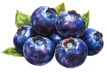 Obraz premium Illustration of a pile of blueberries with leaves on transparent background, showing vibrant colours and textures.