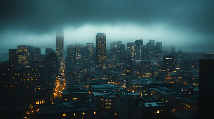 A Dark and Foggy Nighttime Cityscape with Tall Buildings and City Lights