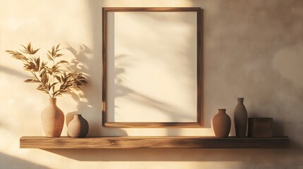 Modern minimalist style, beige wall with wooden shelves and vases on the shelves, blank poster frame above