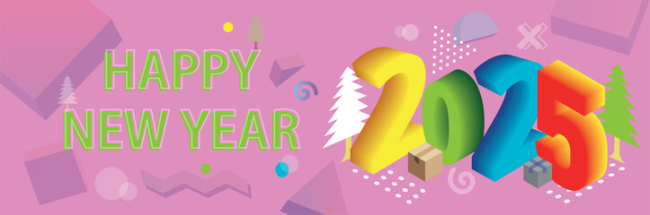 happy new year 2025 retro style banner, isometric 3d text. Horizontal banner in retrowave style. happy new year greeting card banner design for 2025 calligraphy. Yellow green blue Vector illustration