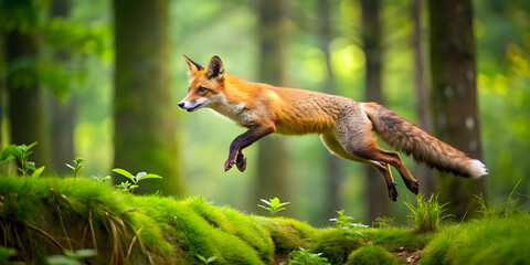 Obraz premium of a jumping red fox in lush green forest grassland, fox, red, jumping, animal, orange fur, natural habitat, forest, grassland