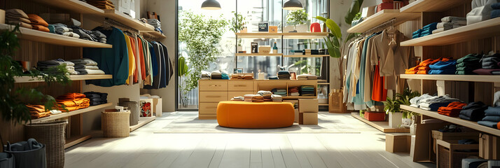 Naklejka premium 3D Rendering of a Modern Clothing Store Interior with Wooden Shelving Displaying Folded and Hanging Apparel, Featuring a Bright Orange Ottoman in the Center