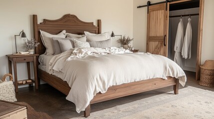 A cozy farmhouse bedroom with a wooden bed frame