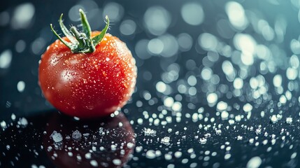 Fresh Tomato with Sea Salt on Dark Surface