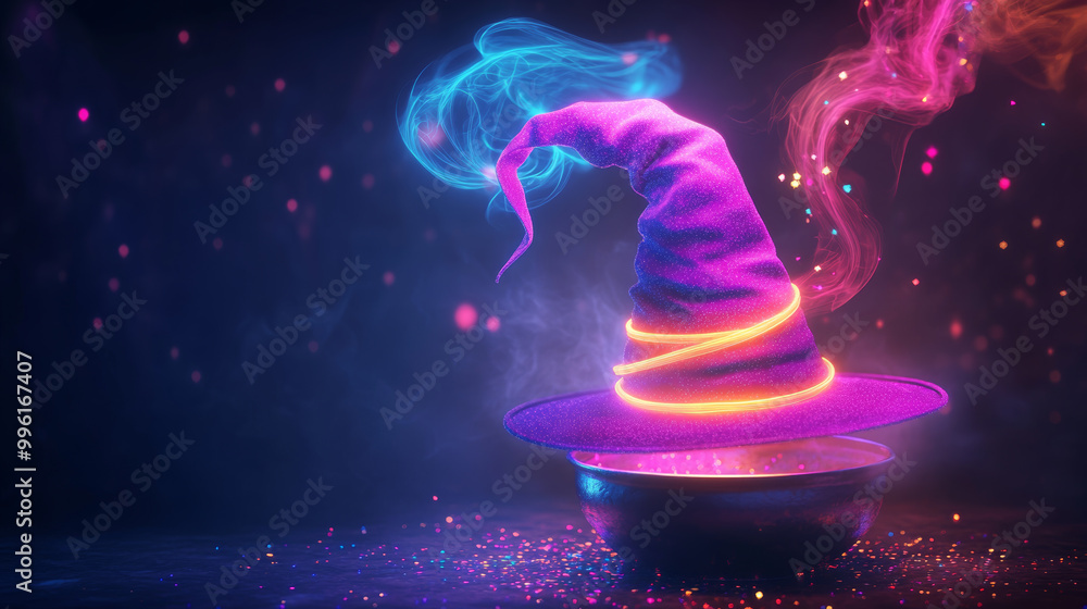 Wall mural glowing witch hat with swirling neon colored ribbon sits atop cauldron, surrounded by colorful magic