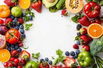 overhead view colorful fruits vegetables forming neat circular frame around white background Include bright fresh produce like strawberries blueberries tomatoes green beans empty center provides ample