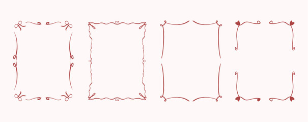 Hand-drawn vector frames with hearts and ribbons for romantic and festive designs. Decoration for Valentine’s Day, wedding invitations, love-themed cards, or gift packaging designs