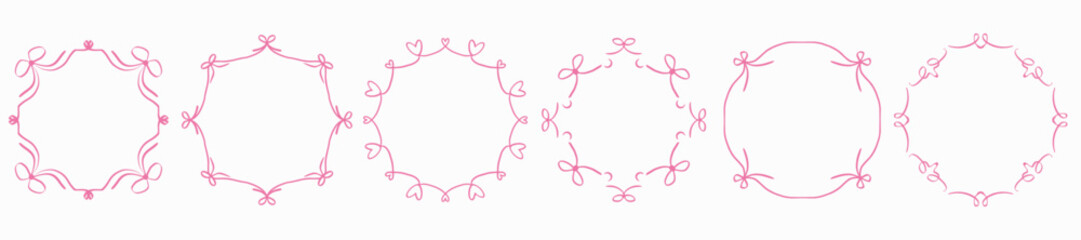 Hand-drawn vector frames with hearts and ribbons for romantic and festive designs. Decoration for Valentine’s Day, wedding invitations, love-themed cards, or gift packaging designs