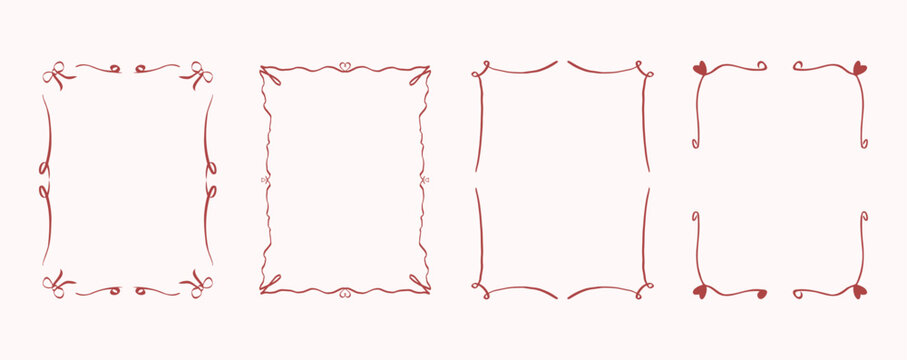 Hand-drawn vector frames with hearts and ribbons for romantic and festive designs. Decoration for Valentine’s Day, wedding invitations, love-themed cards, or gift packaging designs