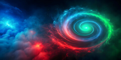 Fototapeta premium Turbulent dark blue-red background with glowing spiral and green cloud, turbulent, dark, blue, red, background, glowing