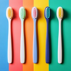 Toothbrushes on a colored background top view. Oral hygiene.