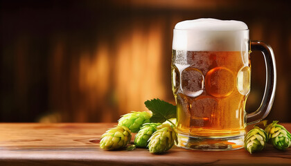 Beer in mug and hops around on wooden table