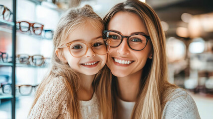 Happy mother and daughter trying on glasses in optic store for sight, vision or eye care at retail shop or store. Smiling young woman and girl wearing eyeglasses. Buying spectacles in optic store