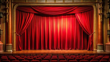 Red curtains are illuminated on a theater stage with a wooden floor