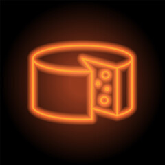 Cheese wheel simple icon vector. Flat design. Orange neon on black background