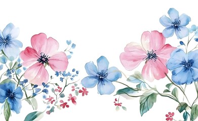 Watercolor floral bouquet with pink, blue, and red flowers on a white background illustration clipart.
