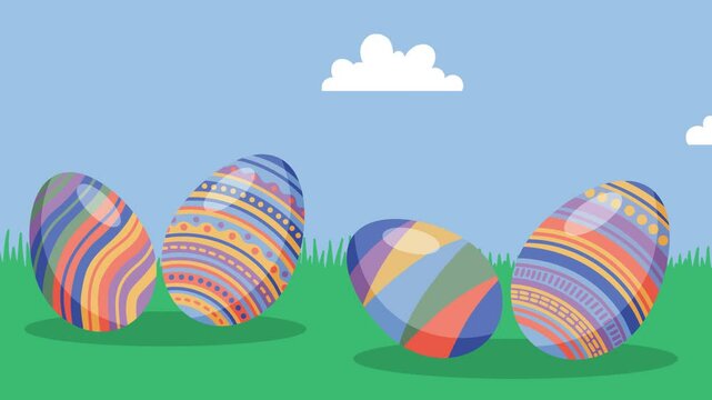4K video Easter Footage with egg and grass Illustration on blue Screen Background. 4k video animated Easter Egg with eggs with unique motif or ornament for Easter Celebrate Day Decoration
