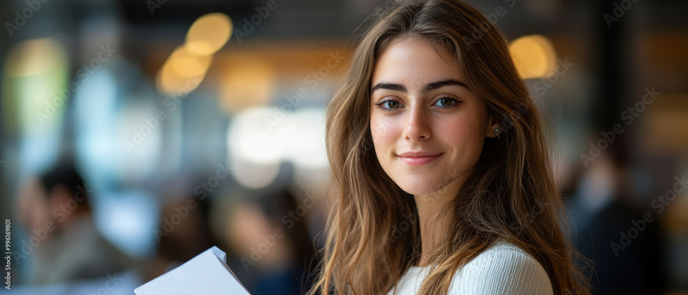 Poster project coordinator, a female project coordinator poses confidently with paper files in an office se
